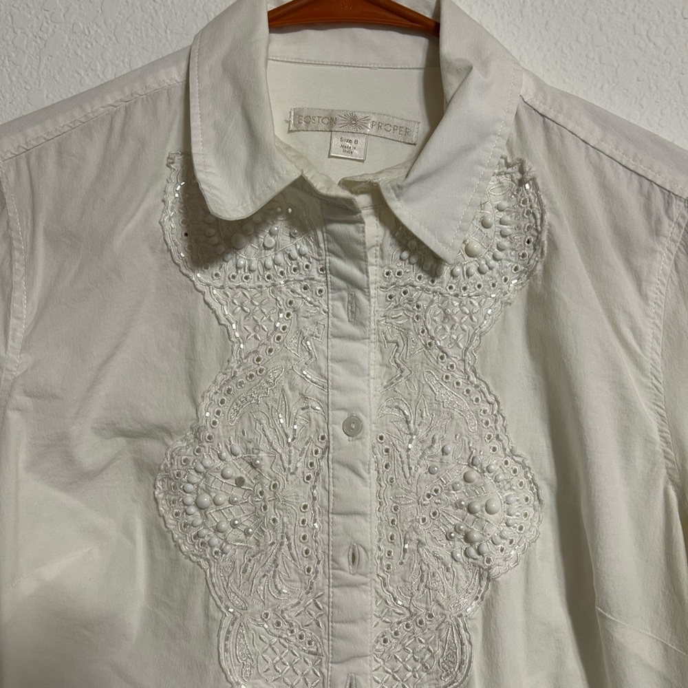 Boston Proper Cream Embroidered Blouse